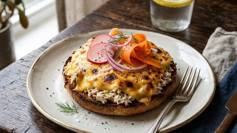 Stunning plated serving of My Way” Tuna Melt with Pickled Vegetables, a chef-tested recipe by Chef Jorj Morgan.