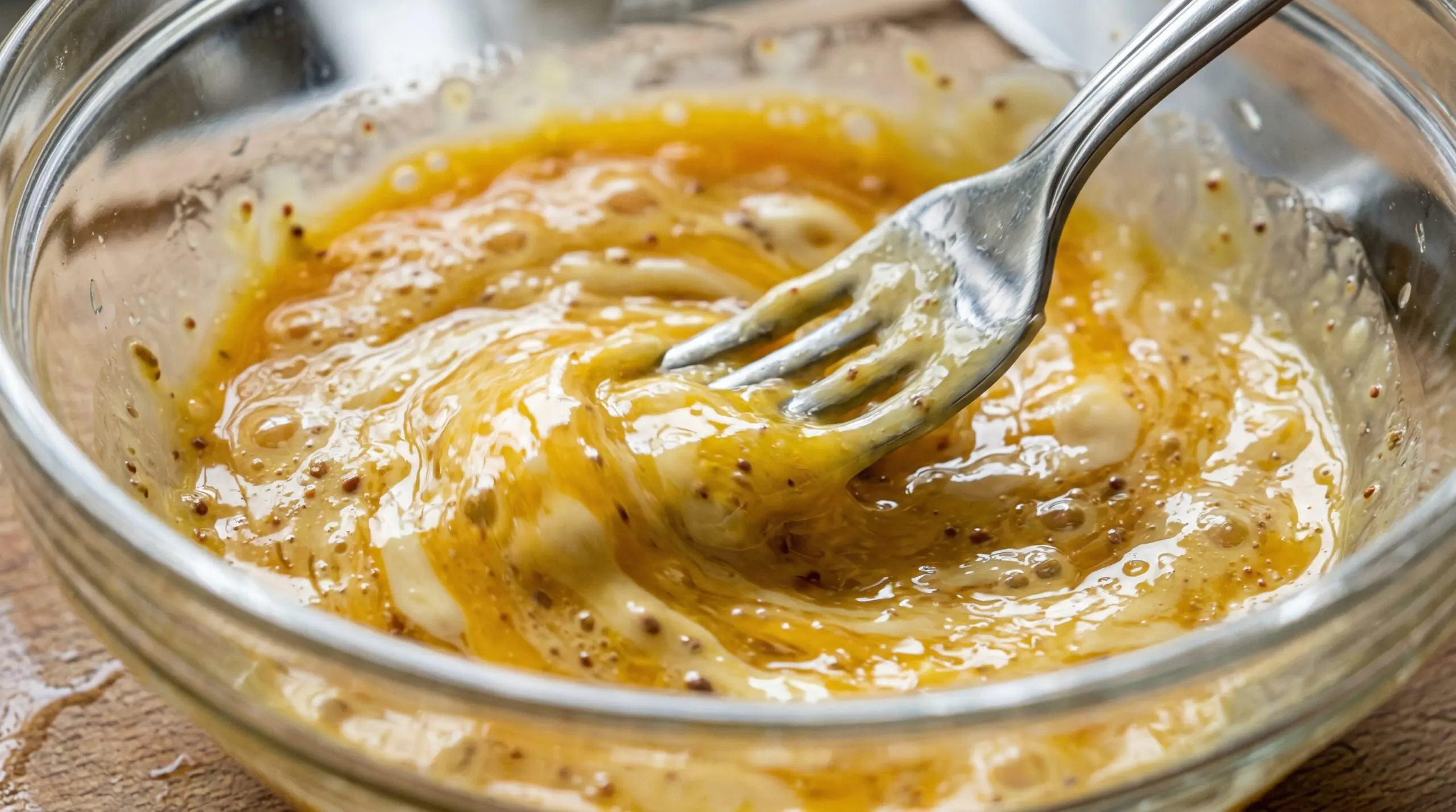 Macro detail of thick, glossy egg yolk, mayonnaise, and Dijon emulsion being actively whisked with a silver fork inside a glass bowl