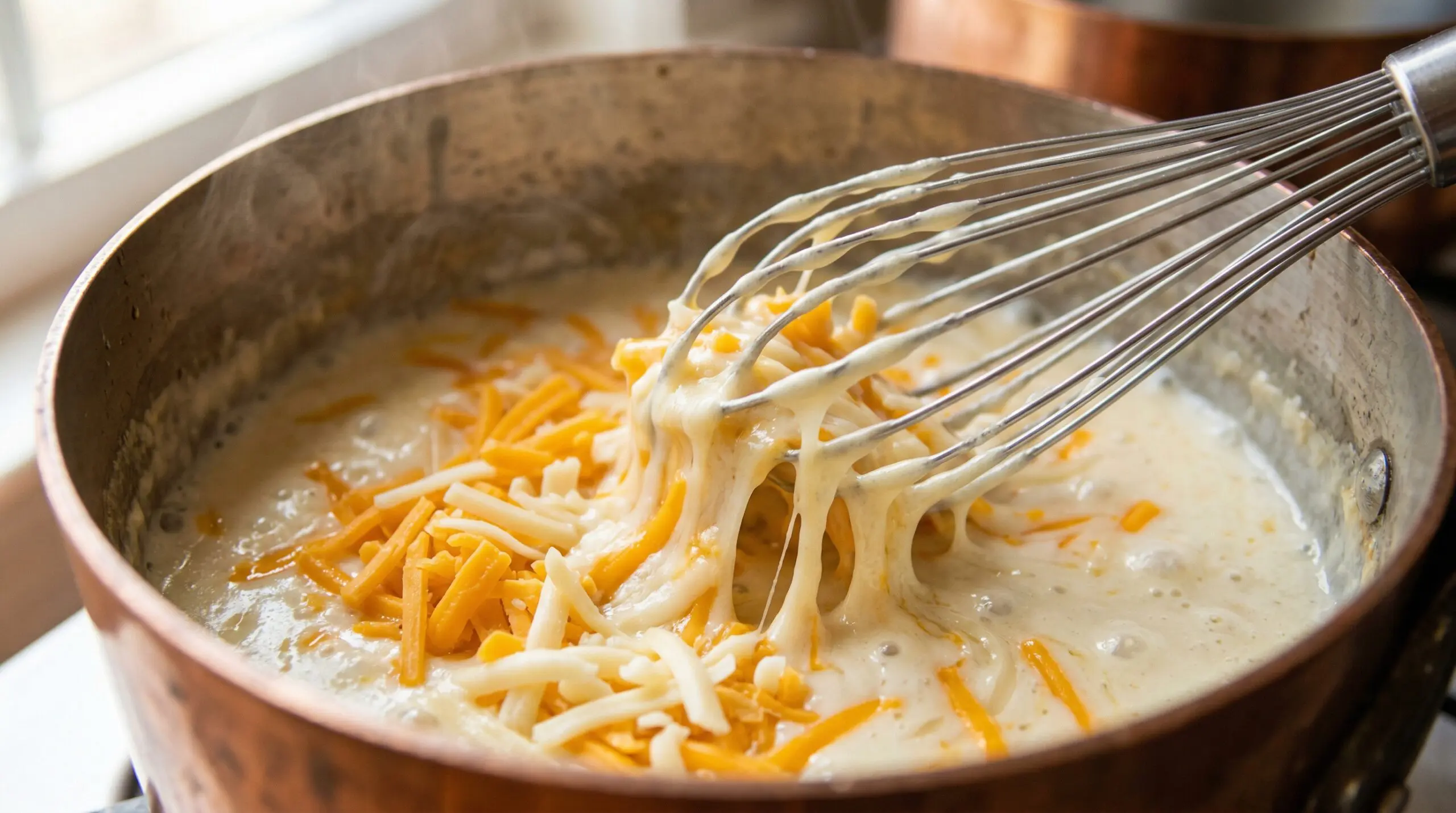 Macro detail of massive handfuls of shredded bright orange cheddar and white Monterey Jack cheese actively melting into a hot, velvety white sauce inside a copper saucepan
