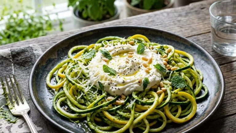 Stunning plated serving of Zucchini Noodles with Pesto and Ricotta Cheese, a chef-tested recipe by Chef Jorj Morgan.