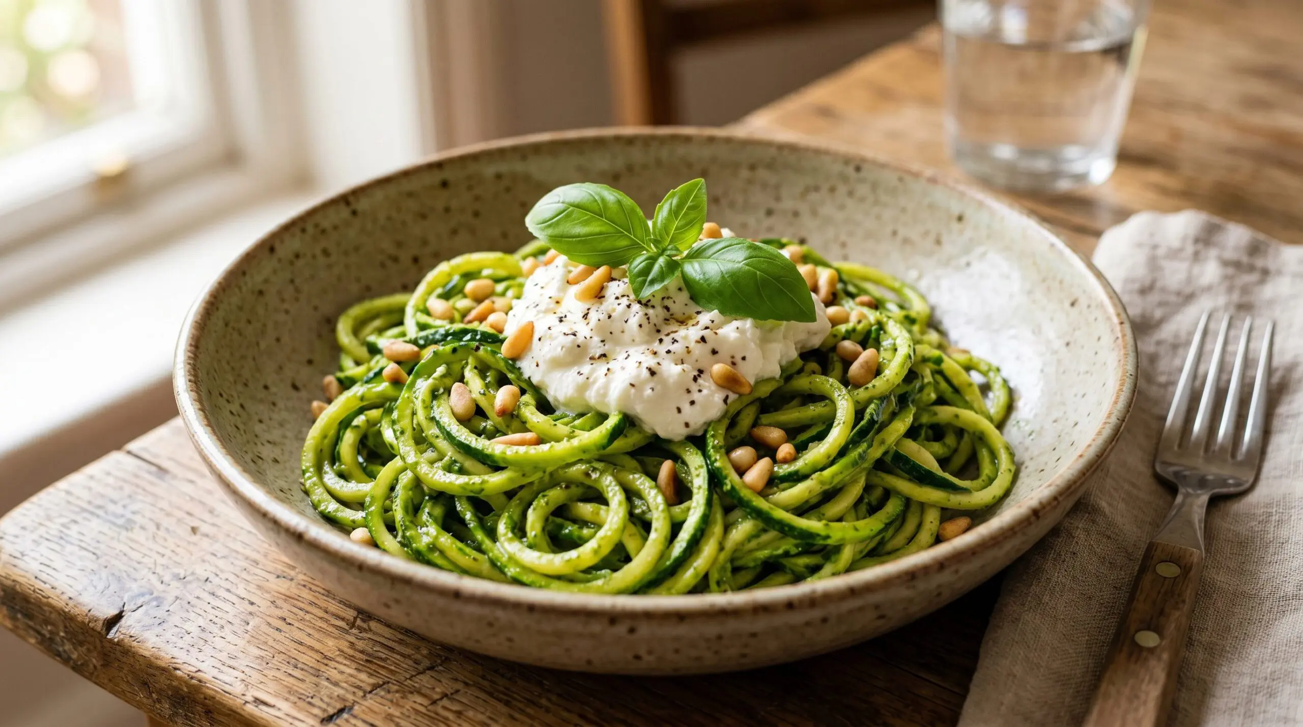 Stunning plated serving of Zucchini Noodles with Pesto and Ricotta Cheese, a chef-tested recipe by Chef Jorj Morgan.