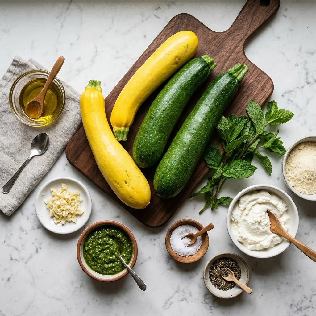 Overhead prep shot of zucchini, summer squash, olive oil, garlic, pesto, ricotta, Parmesan, and mint