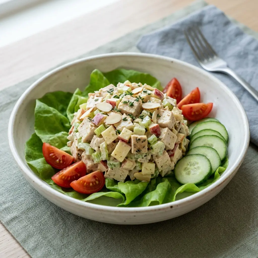 Stunning plated serving of Thyme-Roasted Chicken Salad with Apples and Almonds, a chef-tested recipe by Chef Jorj Morgan.