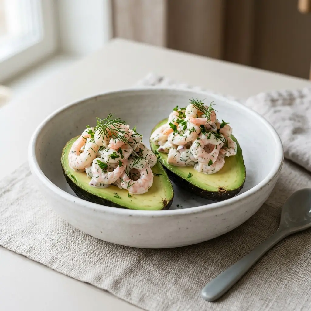 Stunning plated serving of Shrimp Salad in Avocado Bowls, a chef-tested recipe by Chef Jorj Morgan.