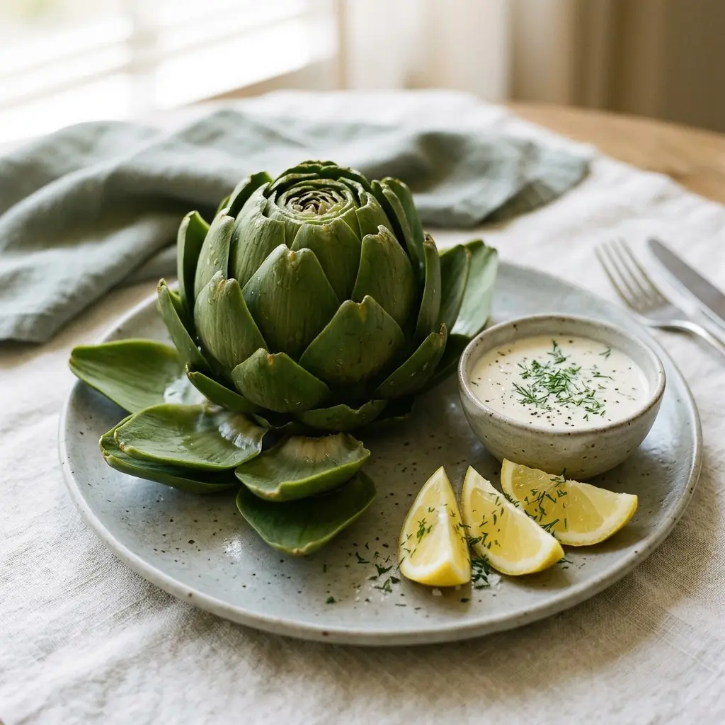 Stunning plated serving of Artichokes with Lemon Balsamic Dipping Sauce, a chef-tested recipe by Chef Jorj Morgan.
