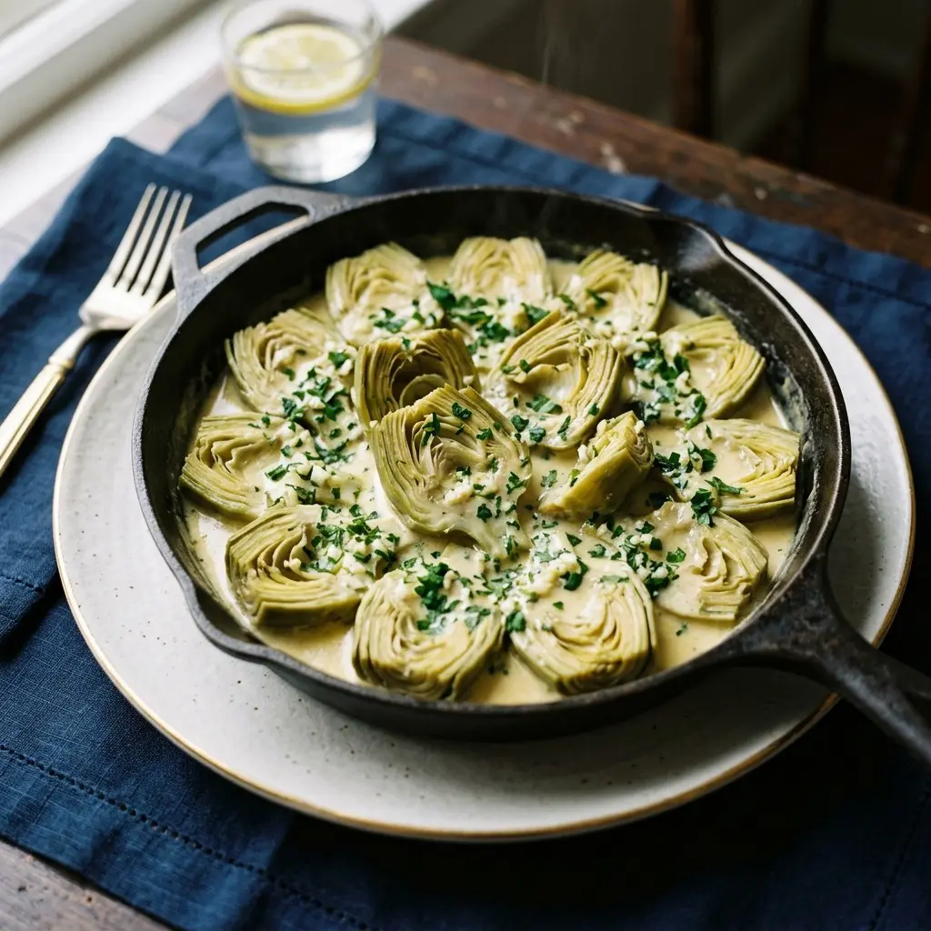 Stunning plated serving of Braised Baby Artichokes in Lemony Cream Sauce, a chef-tested recipe by Chef Jorj Morgan.