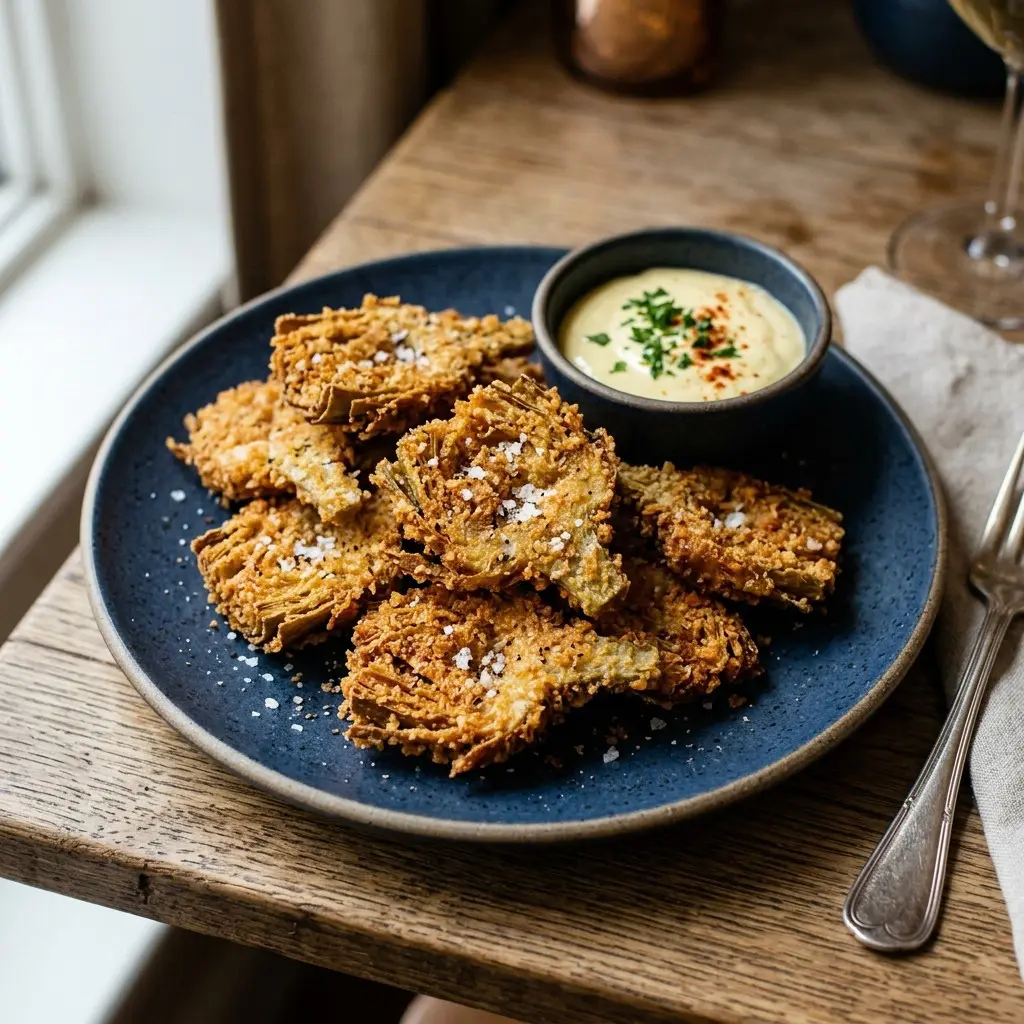 Stunning plated serving of Fried Baby Artichokes, a chef-tested recipe by Chef Jorj Morgan.