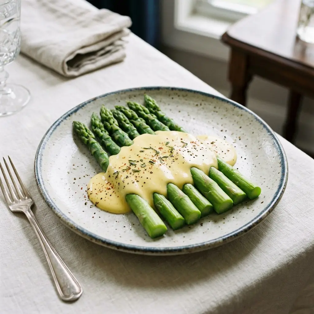Stunning plated serving of Asparagus with Hollandaise Sauce, a chef-tested recipe by Chef Jorj Morgan.