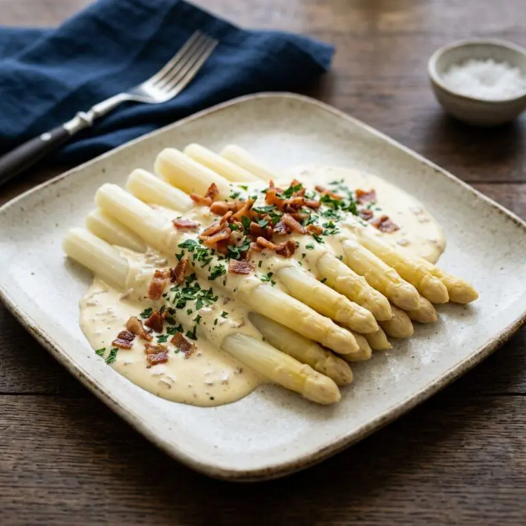 Stunning plated serving of White Asparagus in Cream, a chef-tested recipe by Chef Jorj Morgan.