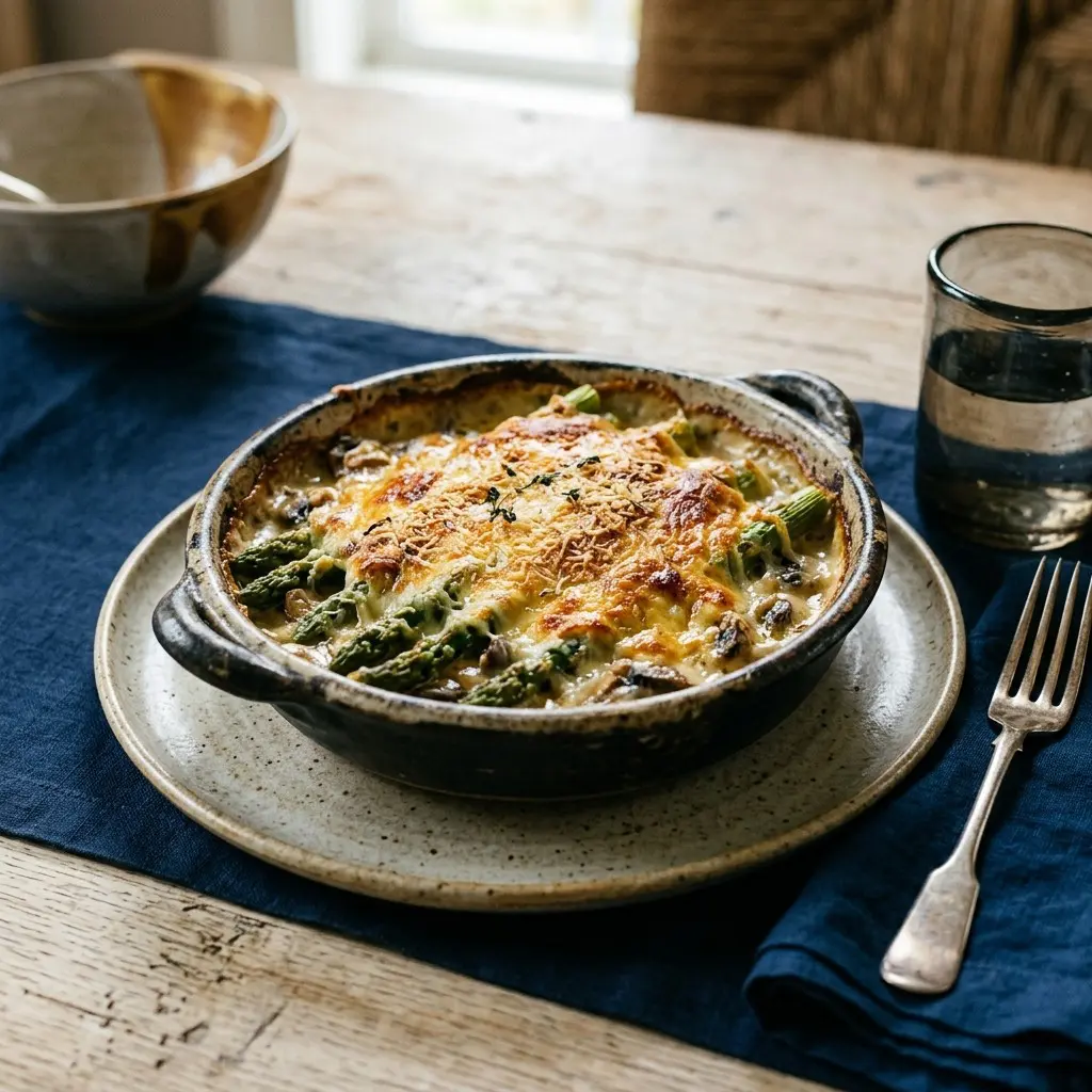 Stunning plated serving of Asparagus au Gratin with Mushrooms and Shallots, a chef-tested recipe by Chef Jorj Morgan.