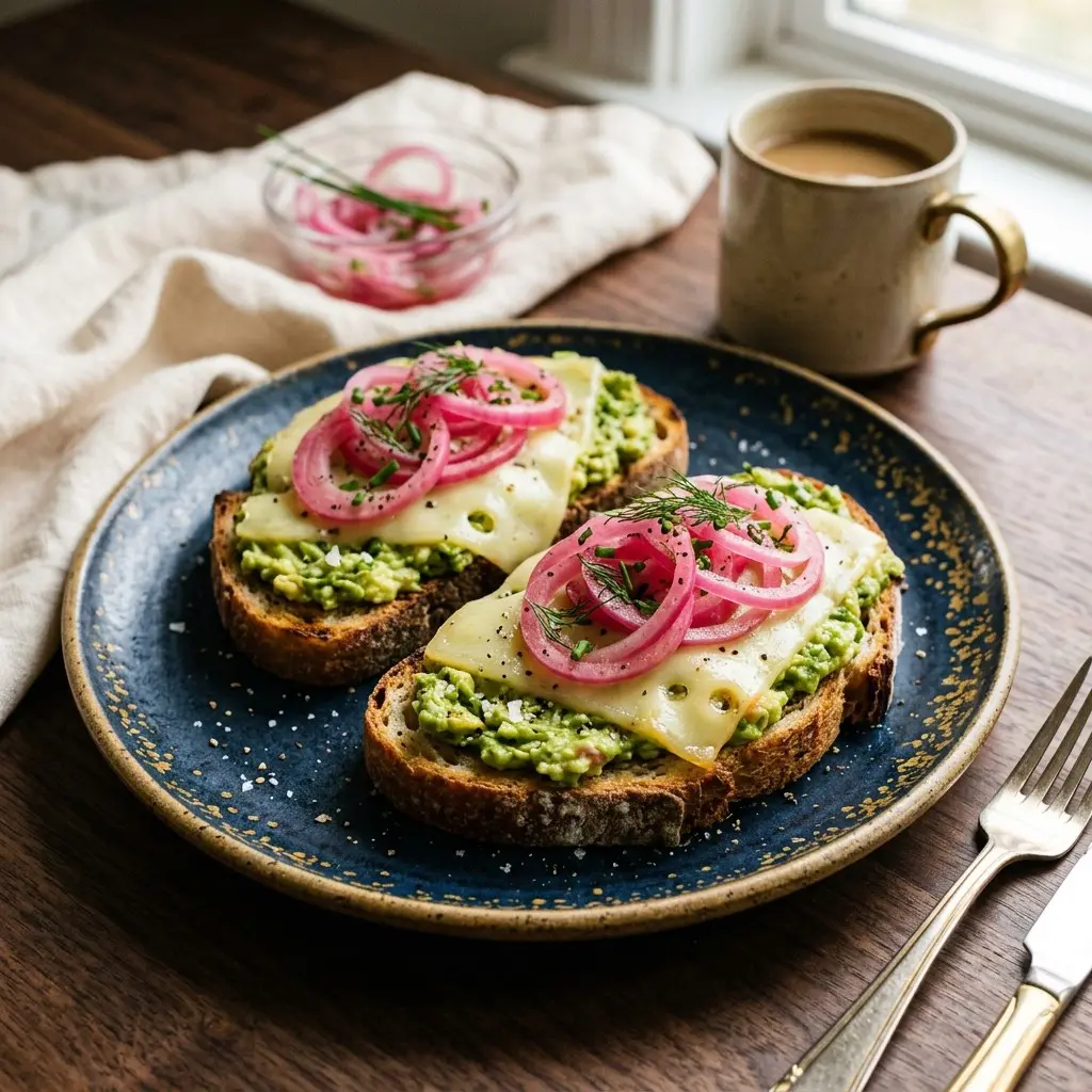 Stunning plated serving of Avocado Toasts with Pickled Red Onion, a chef-tested recipe by Chef Jorj Morgan.