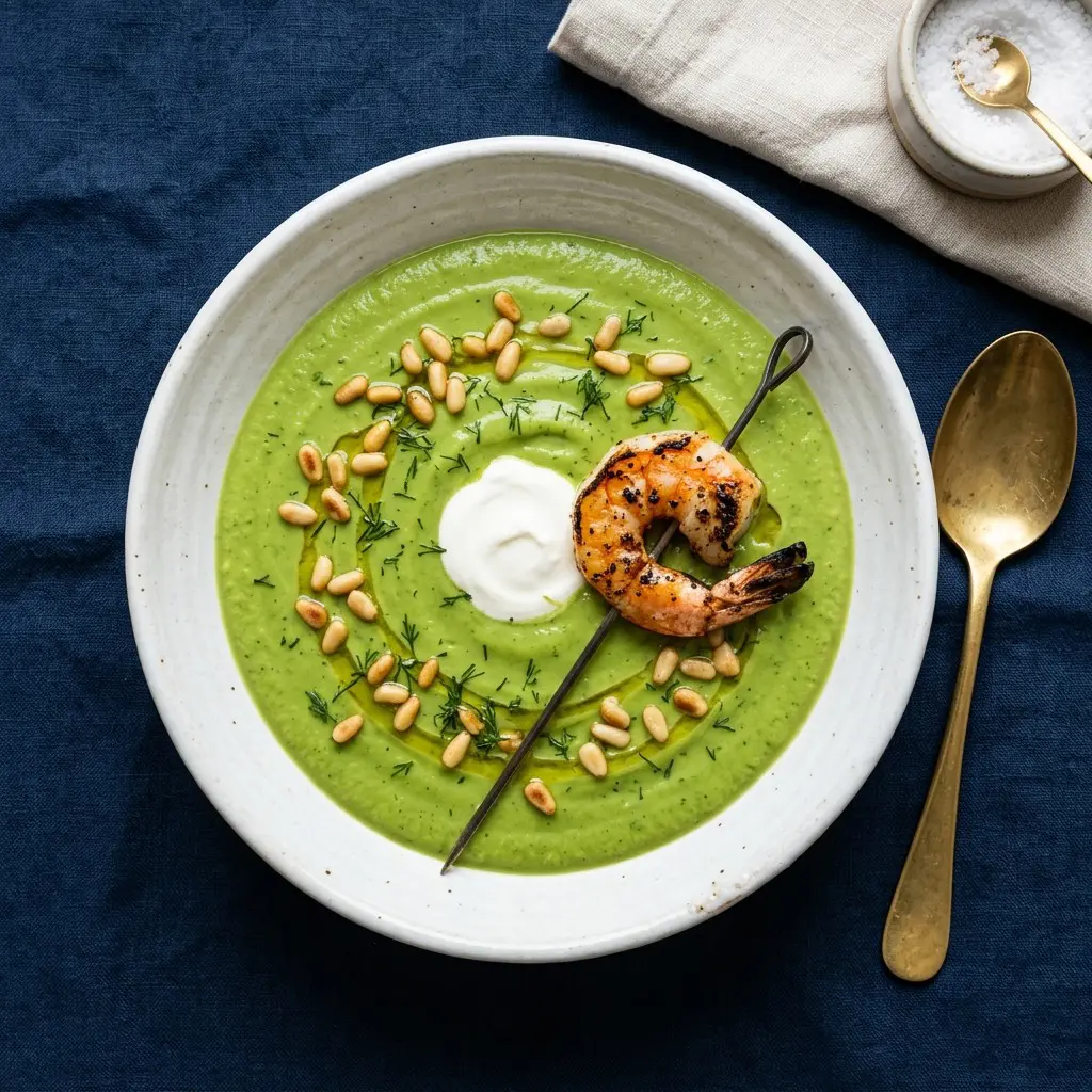 Stunning plated serving of Avocado Soup with Spinach and Dill, a chef-tested recipe by Chef Jorj Morgan.