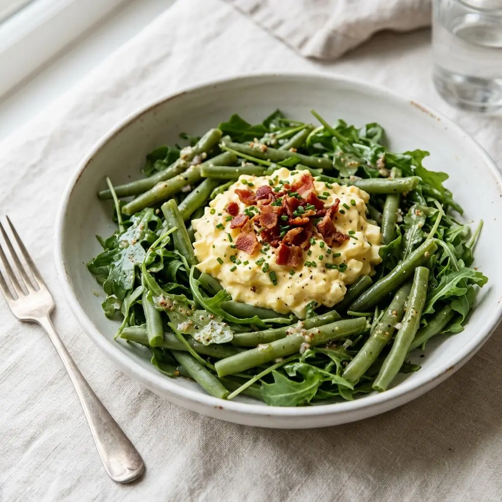 Stunning plated serving of Chilled Green Bean and Arugula Salad with Mustard Shallot Vinaigrette and Chopped Egg, a chef-tested recipe by Chef Jorj Morgan.