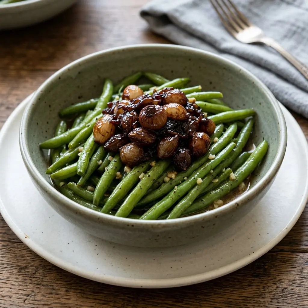 Stunning plated serving of Super Soft Green Beans with Caramelized Onions, a chef-tested recipe by Chef Jorj Morgan.