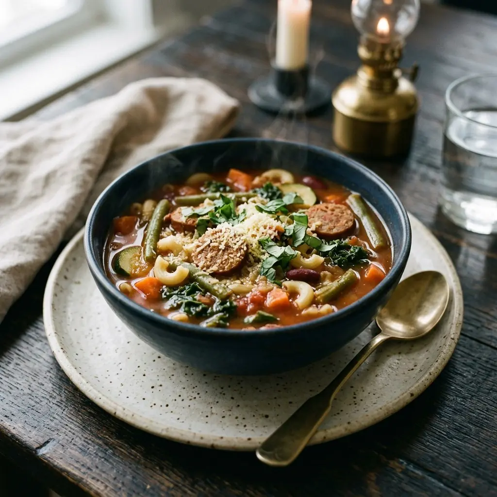 Stunning plated serving of Farmers Market Minestrone, a chef-tested recipe by Chef Jorj Morgan.
