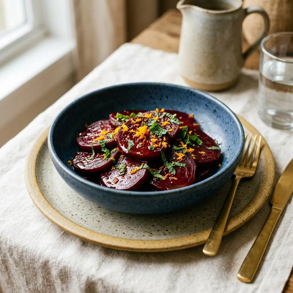 Stunning plated serving of Citrus Marinated Beets, a chef-tested recipe by Chef Jorj Morgan.