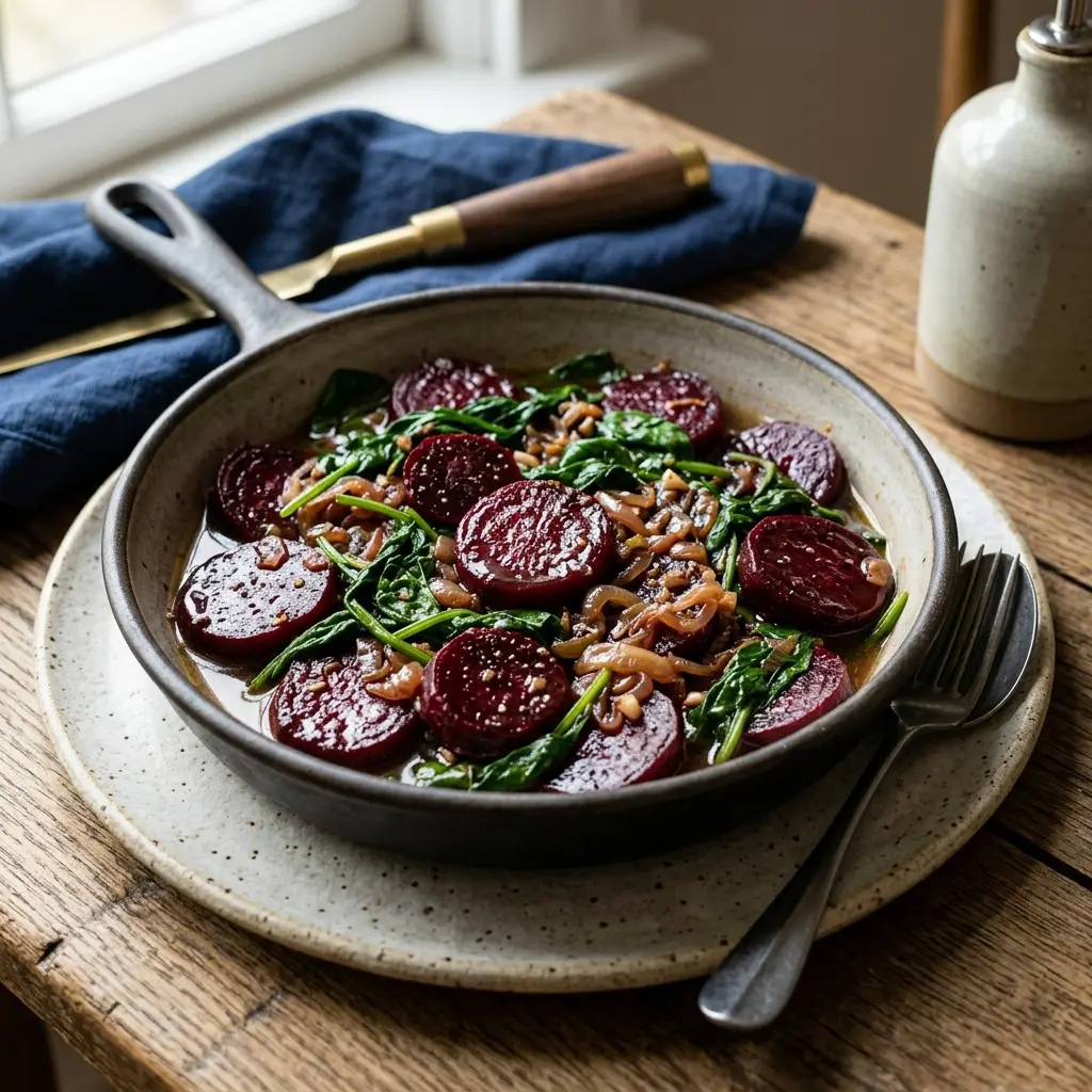 Stunning plated serving of Sautéed Beets and Spinach, a chef-tested recipe by Chef Jorj Morgan.
