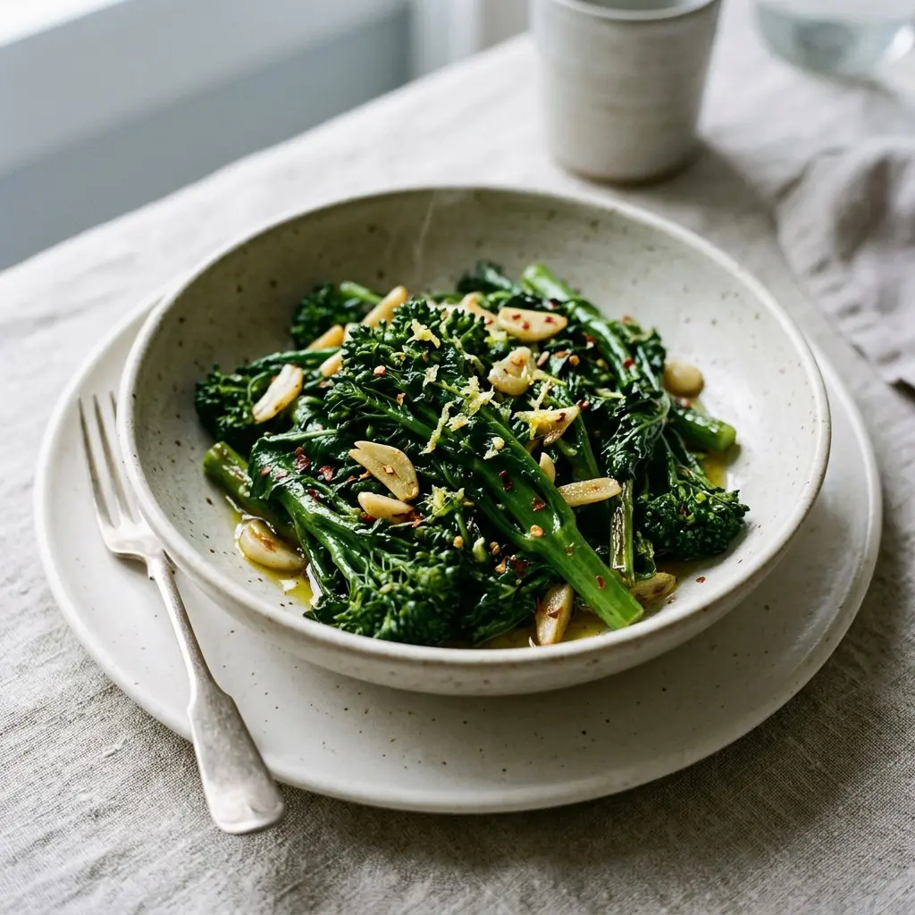 Stunning plated serving of Broccoli Rabe with Garlic, Lemon, and Red Pepper, a chef-tested recipe by Chef Jorj Morgan.
