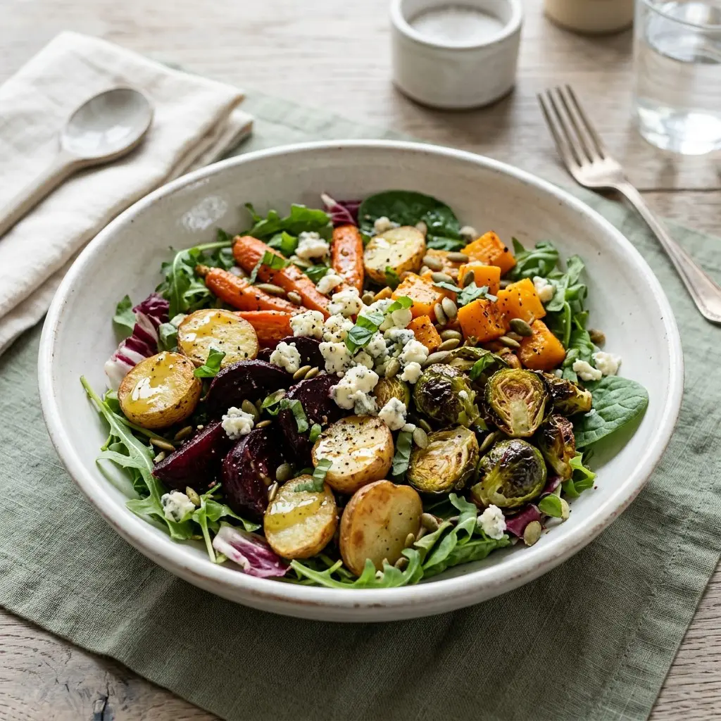 Stunning plated serving of Roasted-Veggie Winter Salad with Meyer Lemon-Basil Vinaigrette, a chef-tested recipe by Chef Jorj Morgan.