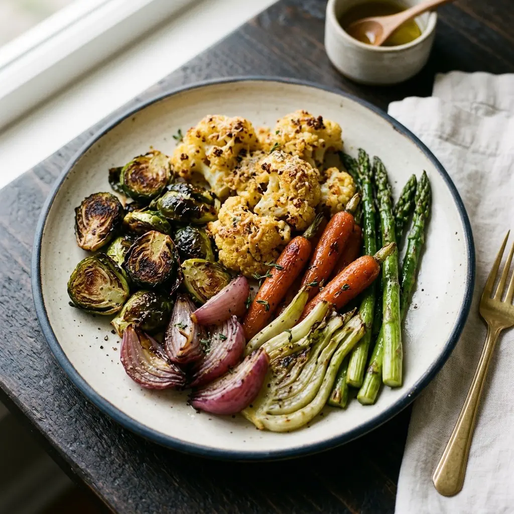 Stunning plated serving of Sheet Pan Roasted Veggies, a chef-tested recipe by Chef Jorj Morgan.