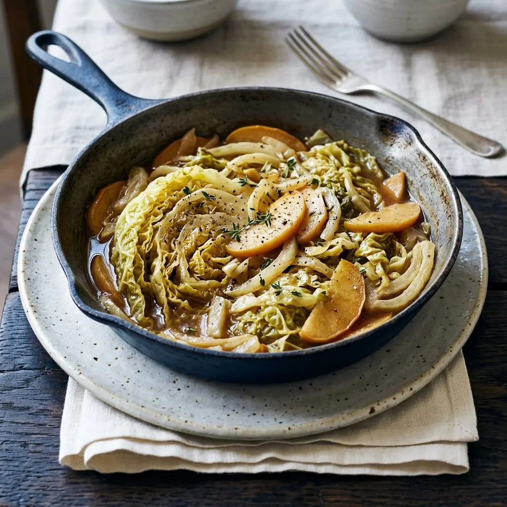 Stunning plated serving of Savoy Cabbage with Fennel and Apples, a chef-tested recipe by Chef Jorj Morgan.