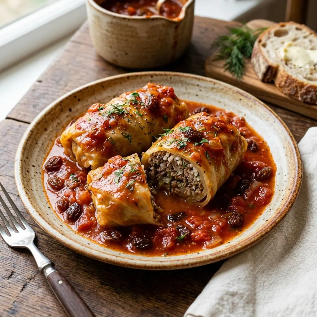 Stunning plated serving of Stuffed Cabbage Rolls, a chef-tested recipe by Chef Jorj Morgan.