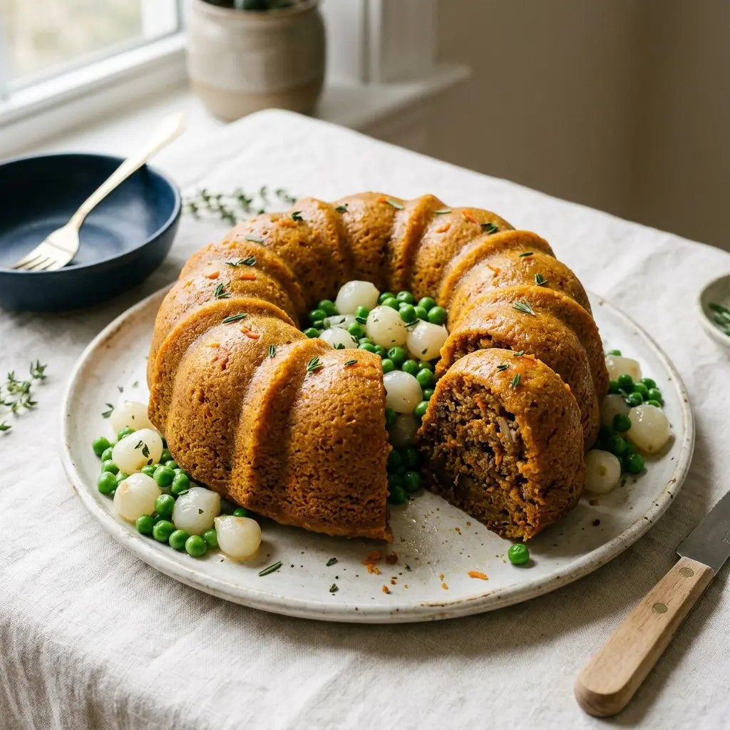 Stunning plated serving of Carrot Ring with Creamed Pearl Onions and Peas, a chef-tested recipe by Chef Jorj Morgan.