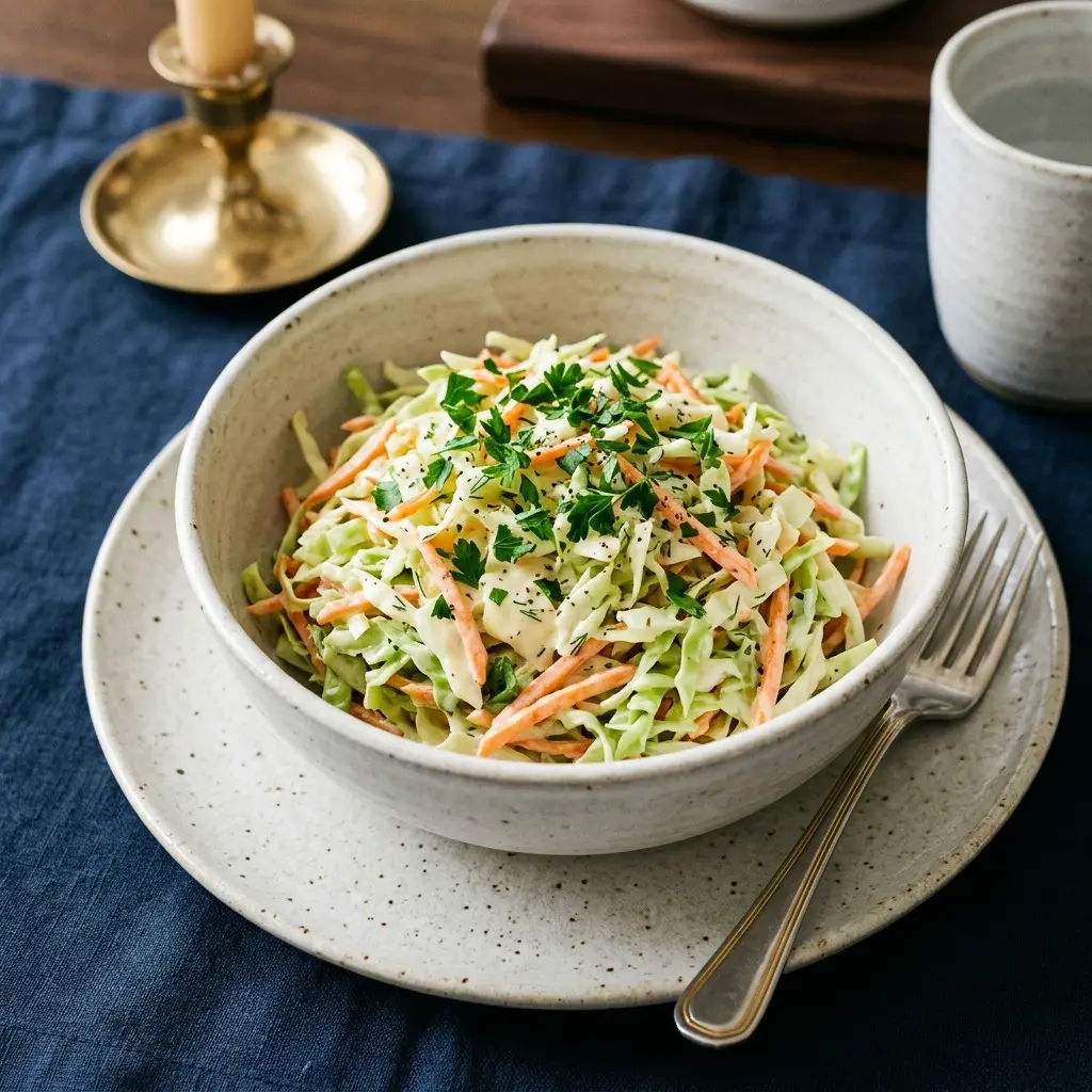Stunning plated serving of Classic Cabbage and Carrot Coleslaw, a chef-tested recipe by Chef Jorj Morgan.