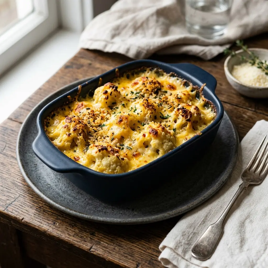 Stunning plated serving of Garlic-Roasted Cauliflower in Cheesy Sauce, a chef-tested recipe by Chef Jorj Morgan.