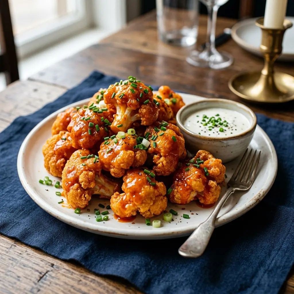 Stunning plated serving of Crispy Cauliflower with Buffalo Sauce, a chef-tested recipe by Chef Jorj Morgan.