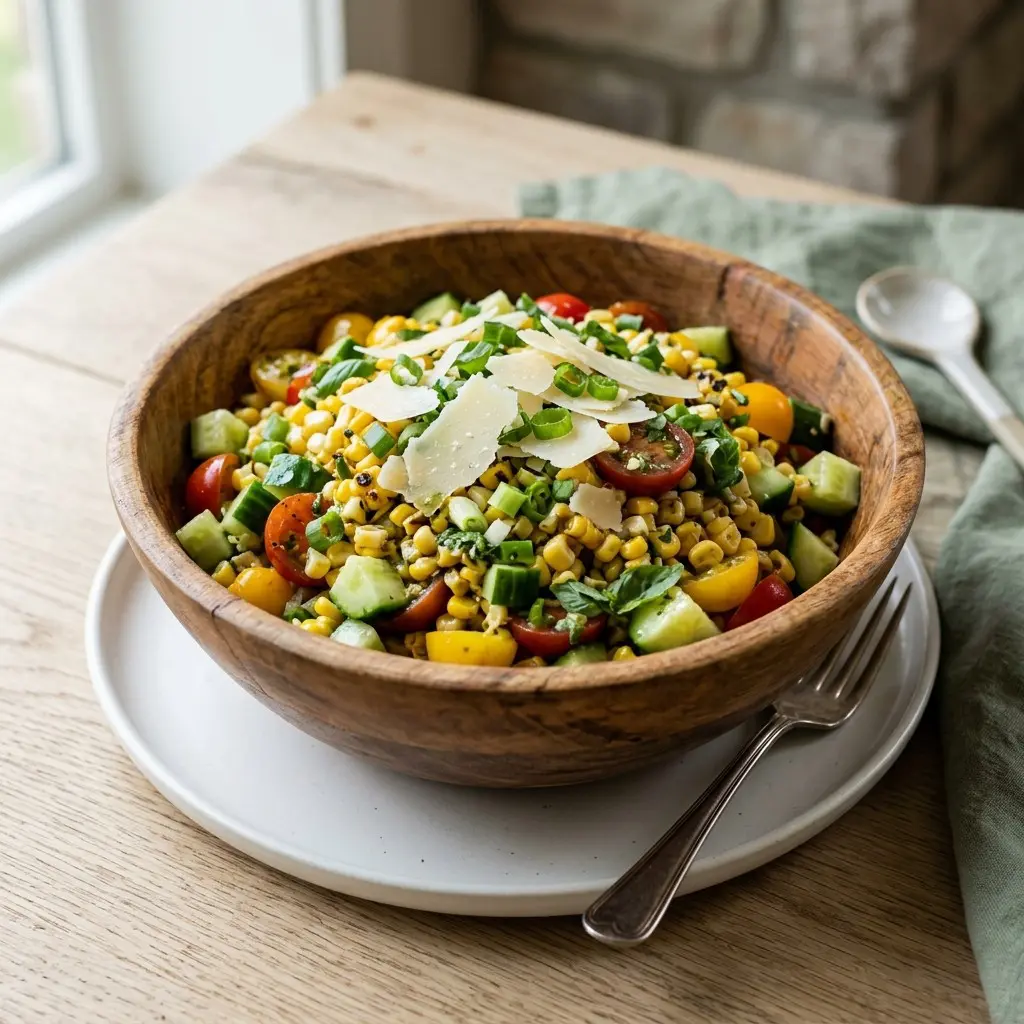 Stunning plated serving of Grilled Corn Salad With Lemon-Basil Vinaigrette, a chef-tested recipe by Chef Jorj Morgan.