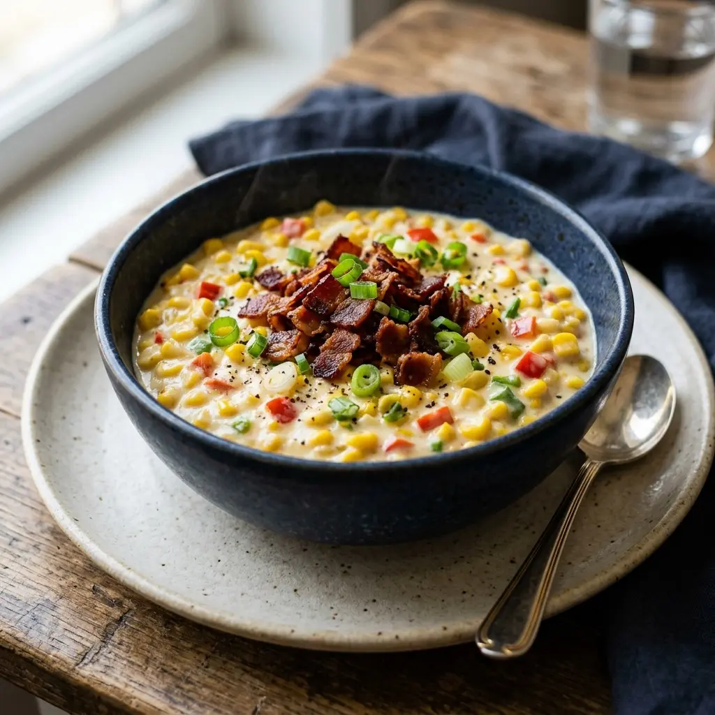 Stunning plated serving of Creamed Corn, a chef-tested recipe by Chef Jorj Morgan.