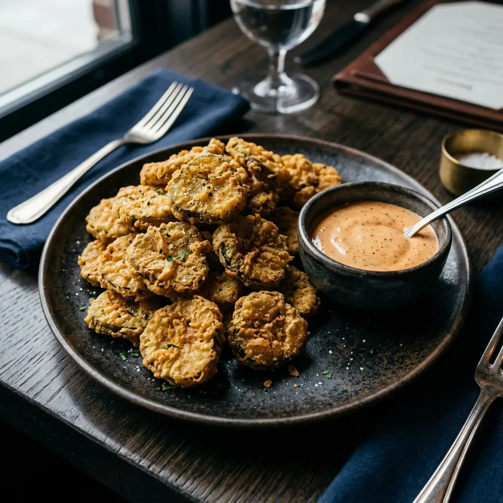 Stunning plated serving of Fried Pickles with Spicy Dipping Sauce, a chef-tested recipe by Chef Jorj Morgan.