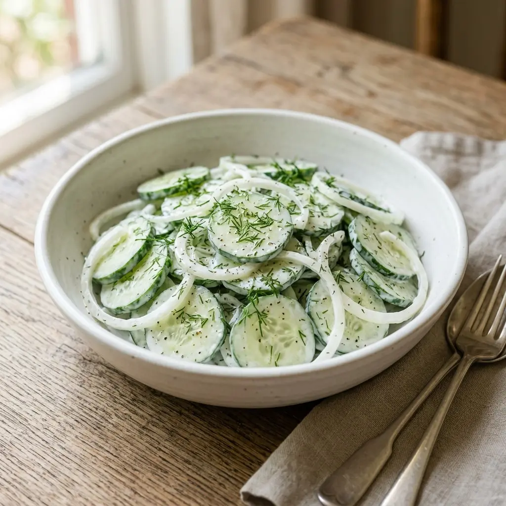 Stunning plated serving of Creamy Cucumber and Sweet Onion Salad, a chef-tested recipe by Chef Jorj Morgan.