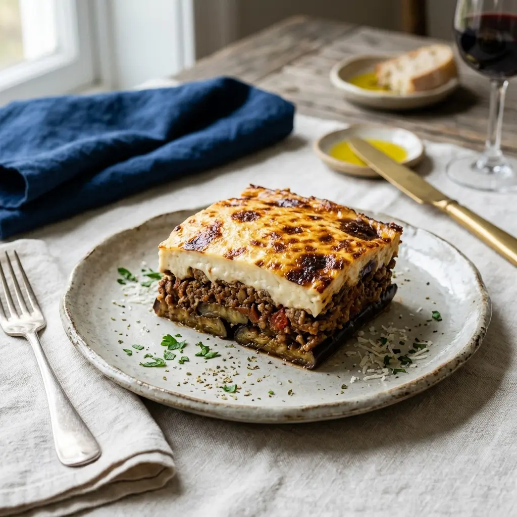 Stunning plated serving of Moussaka Casserole, a chef-tested recipe by Chef Jorj Morgan.