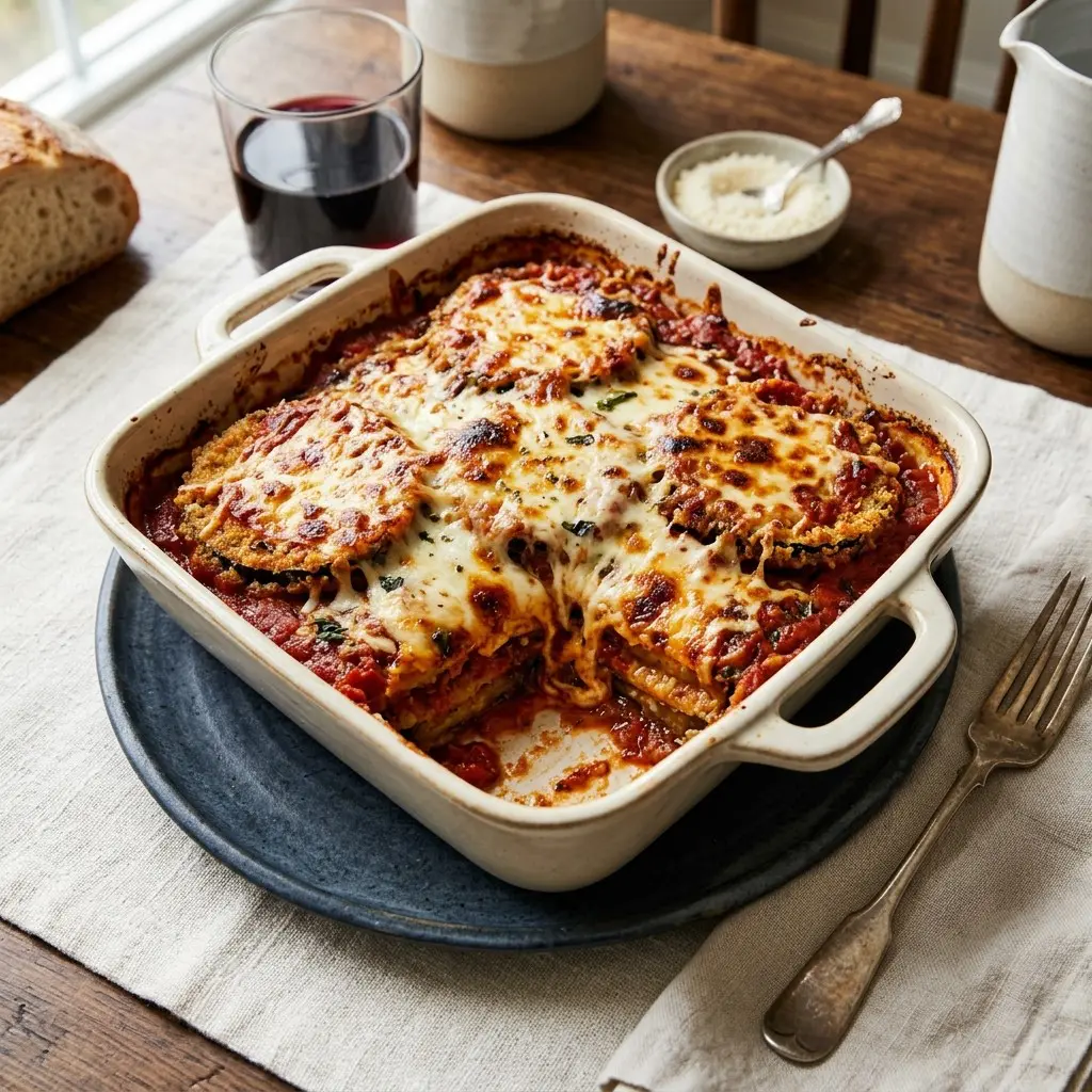 Stunning plated serving of Eggplant Parmesan, a chef-tested recipe by Chef Jorj Morgan.