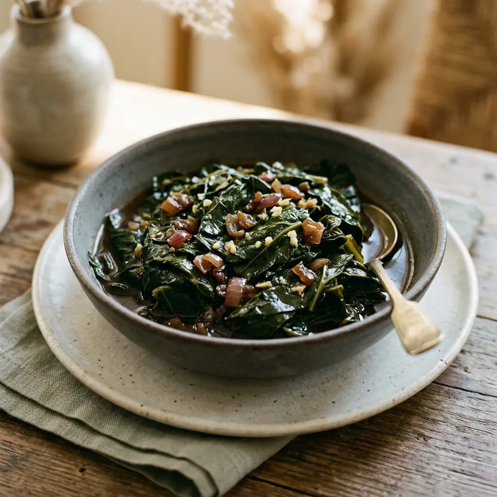 Stunning plated serving of Sautéed Collard Greens with Fresh Ginger, a chef-tested recipe by Chef Jorj Morgan.