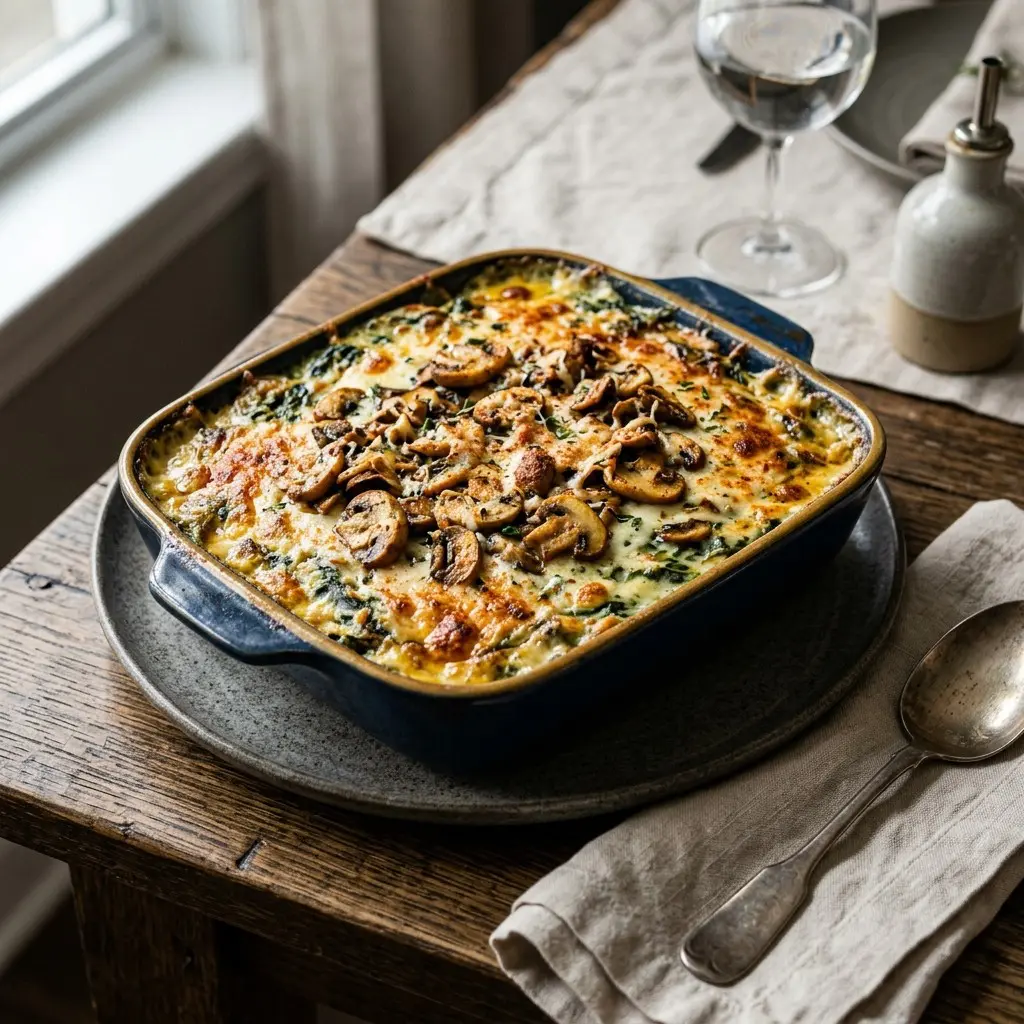 Stunning plated serving of Spinach au Gratin with Sautéed Mushrooms, a chef-tested recipe by Chef Jorj Morgan.