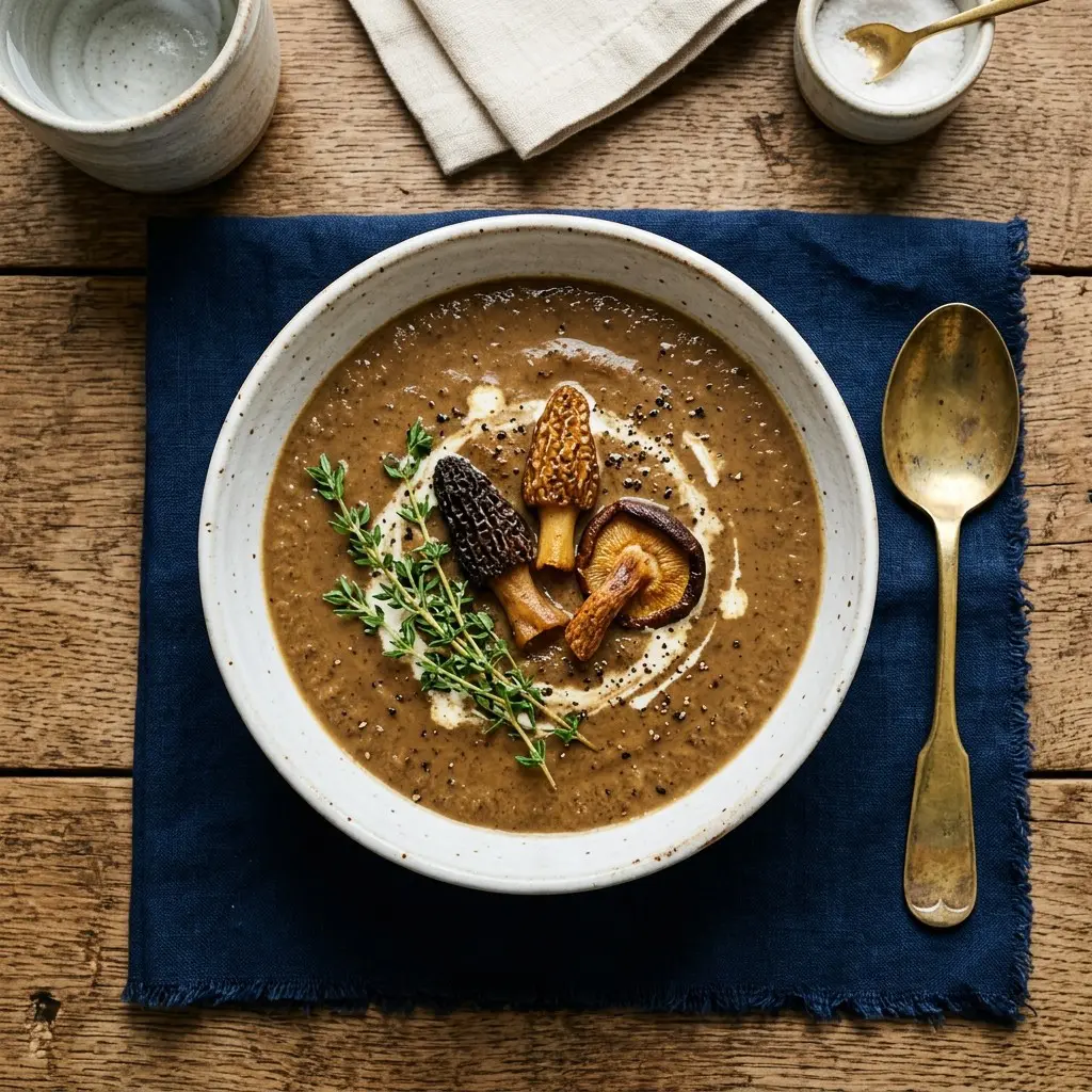 Stunning plated serving of Roasted Wild Mushroom Soup, a chef-tested recipe by Chef Jorj Morgan.