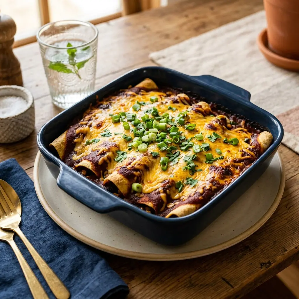 Stunning plated serving of Veggie Enchiladas with Grilled Portobello Mushrooms, Corn, and Black Beans, a chef-tested recipe by Chef Jorj Morgan.
