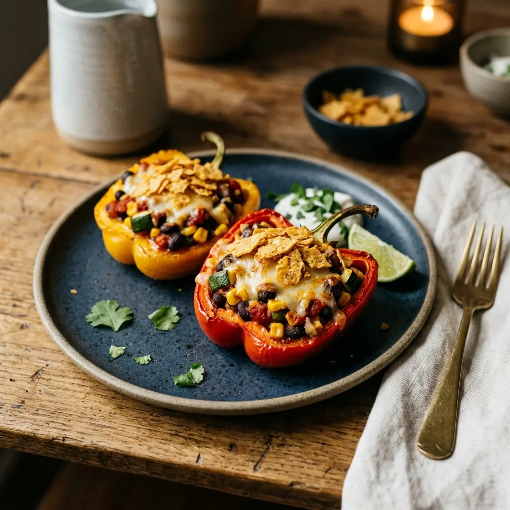 Stunning plated serving of Mexican-Style Stuffed Bell Peppers, a chef-tested recipe by Chef Jorj Morgan.