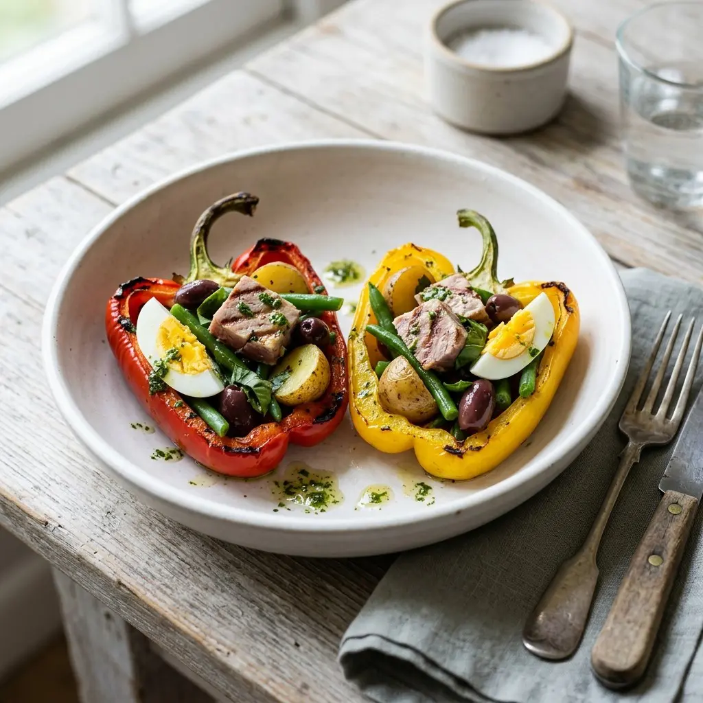 Stunning plated serving of Roasted Peppers stuffed with Tuna and Olive Salad, a chef-tested recipe by Chef Jorj Morgan.