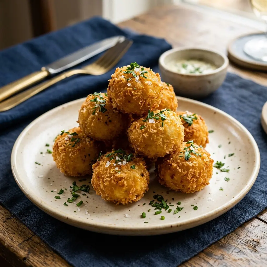Stunning plated serving of Mashed Potato Croquettes, a chef-tested recipe by Chef Jorj Morgan.