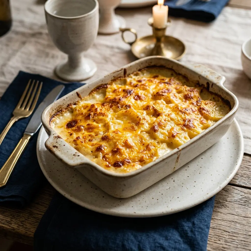 Stunning plated serving of Potatoes Romanoff, a chef-tested recipe by Chef Jorj Morgan.