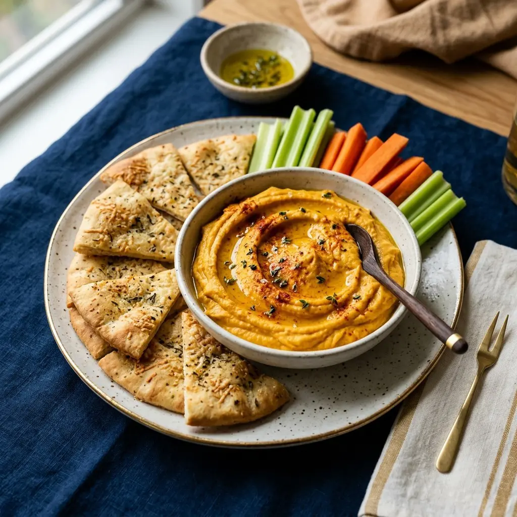 Stunning plated serving of Pumpkin Hummus with Homemade Pita wedges and Crudité, a chef-tested recipe by Chef Jorj Morgan.