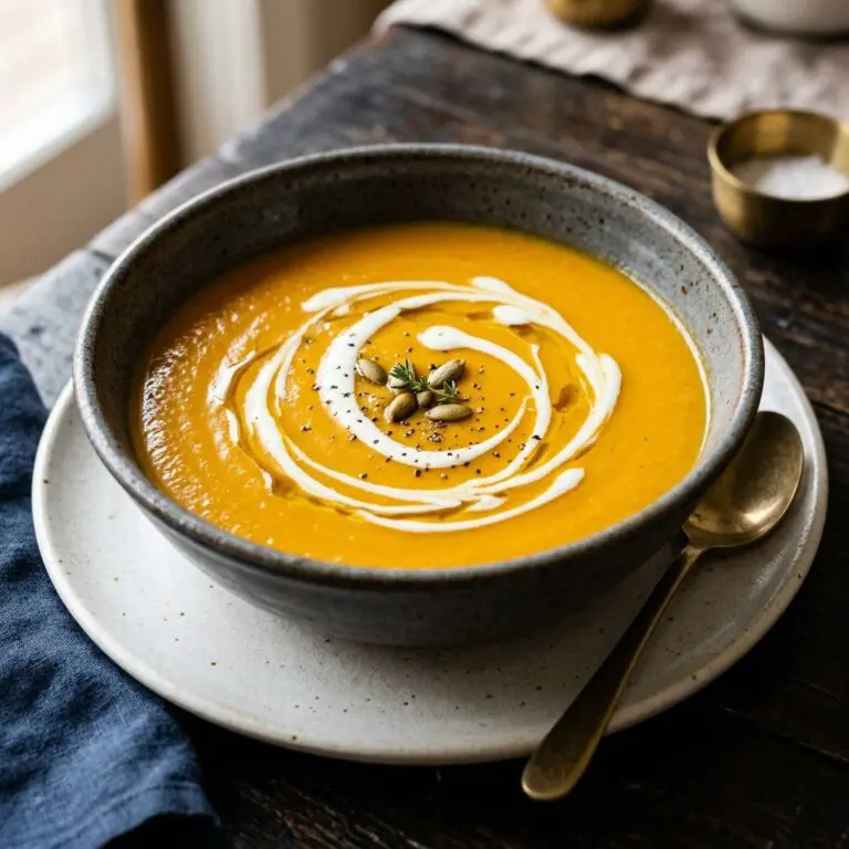 Stunning plated serving of Butternut Squash Bisque, a chef-tested recipe by Chef Jorj Morgan.