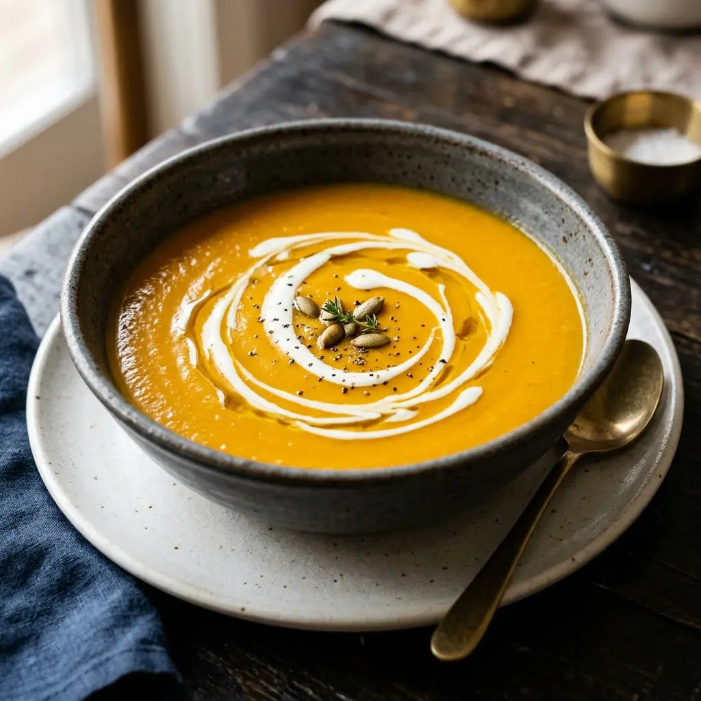 Stunning plated serving of Butternut Squash Bisque, a chef-tested recipe by Chef Jorj Morgan.