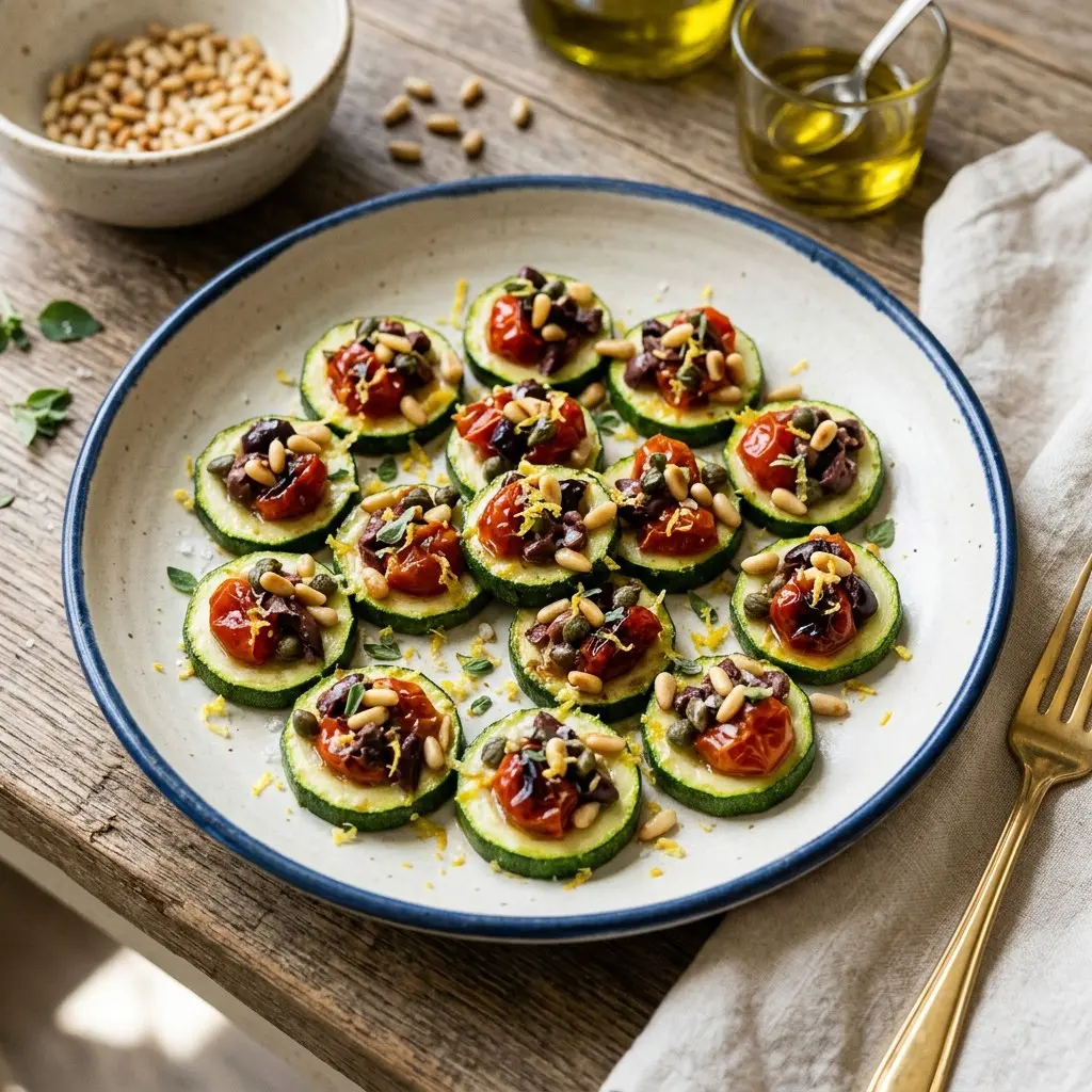 Stunning plated serving of Zucchini topped with Roasted Tomatoes and Pine Nuts, a chef-tested recipe by Chef Jorj Morgan.