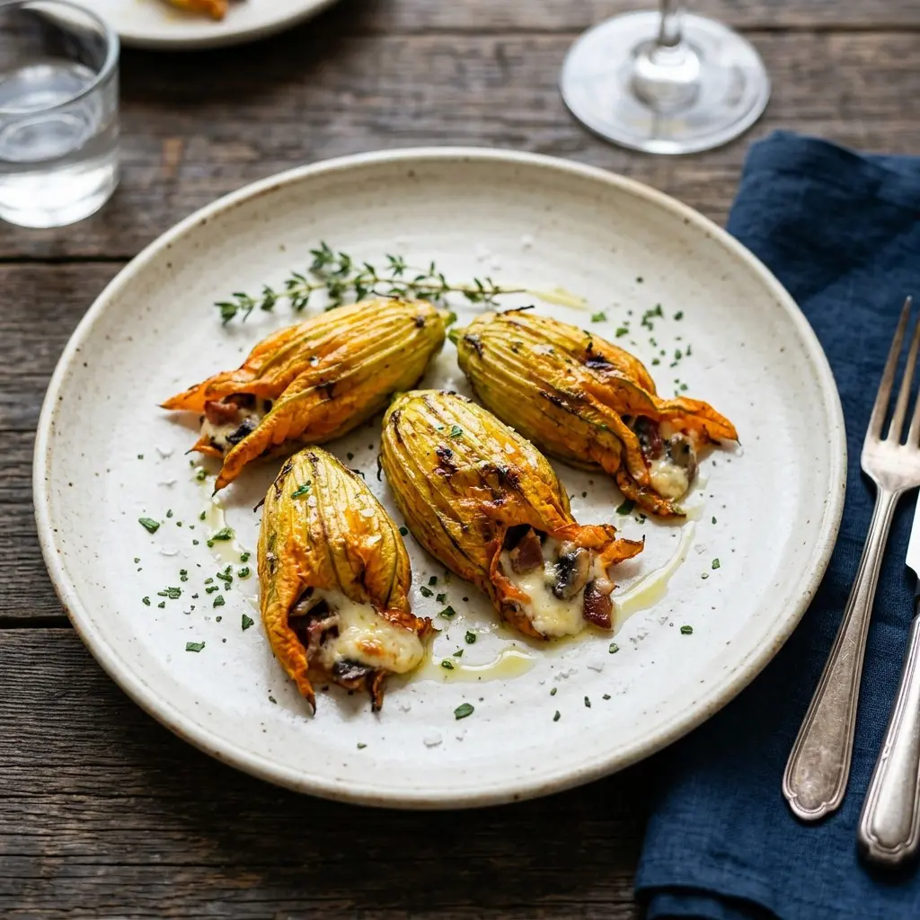 Stunning plated serving of Roasted Zucchini Blossoms, a chef-tested recipe by Chef Jorj Morgan.