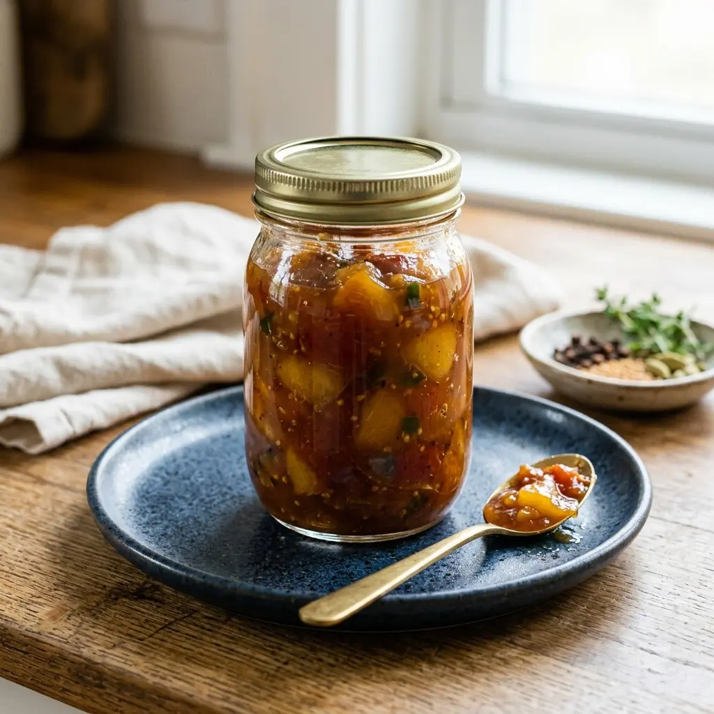 Stunning plated serving of Tomato and Peach Chutney, a chef-tested recipe by Chef Jorj Morgan.